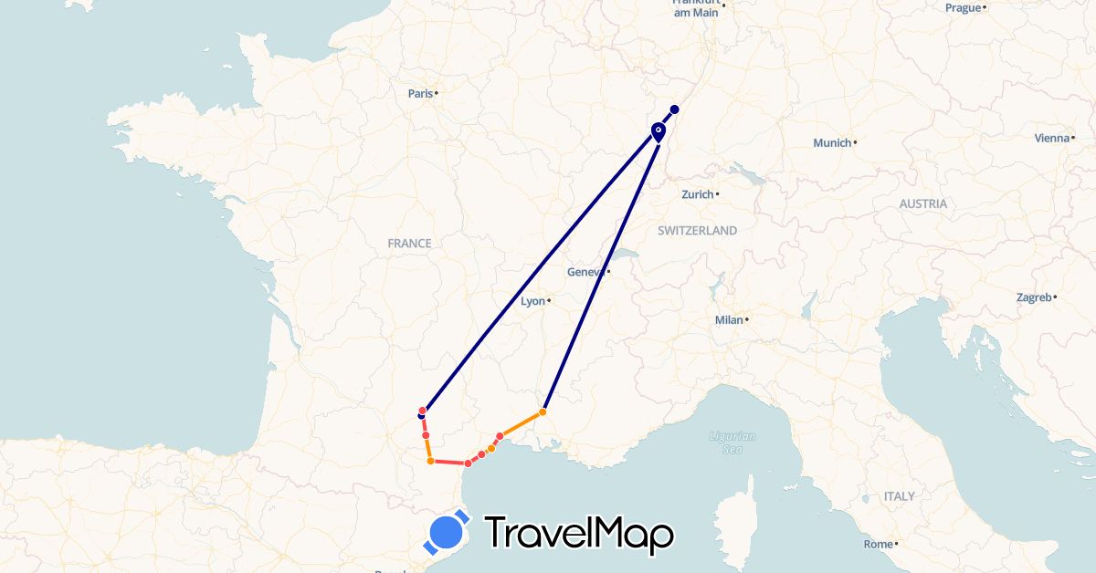 TravelMap itinerary: driving, hiking, hitchhiking in France (Europe)